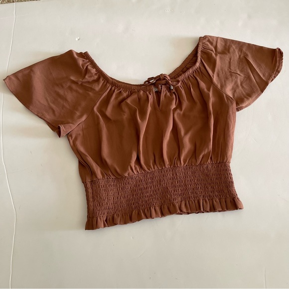 Baja Brown Tie Front Smocked Shirred Off Shoulder Top - Picture 2 of 4